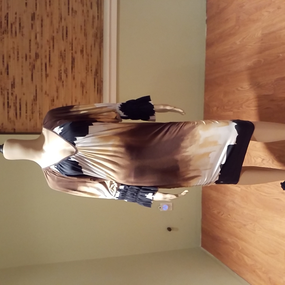 Tart Blouson Style Dress In Black Brown Tan And Taupe Tie dye V-neck Size M